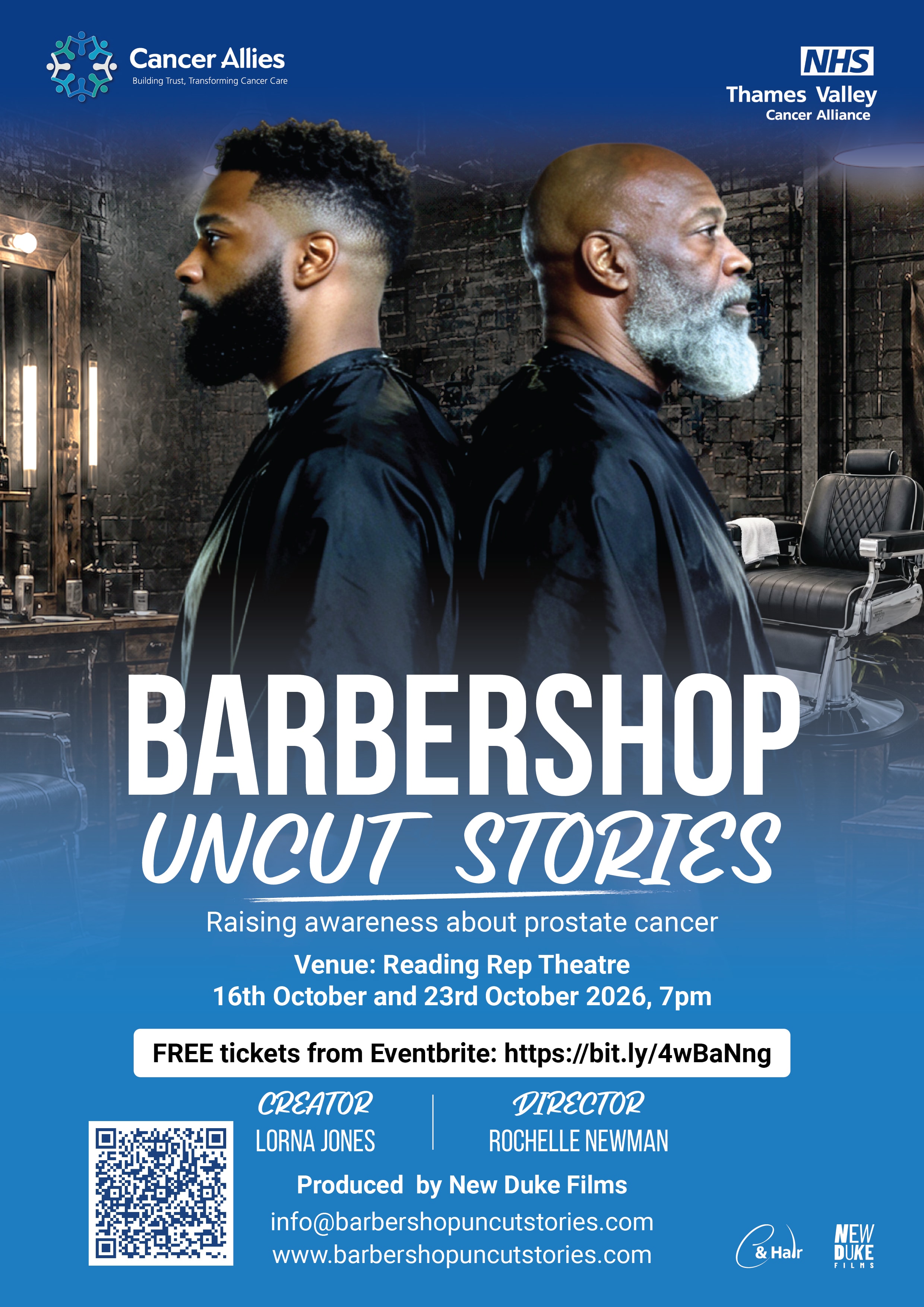 Barbershop Uncut Stories — NHS Thames Valley Cancer Alliance and Cancer Allies partnership poster for Reading October 2026
